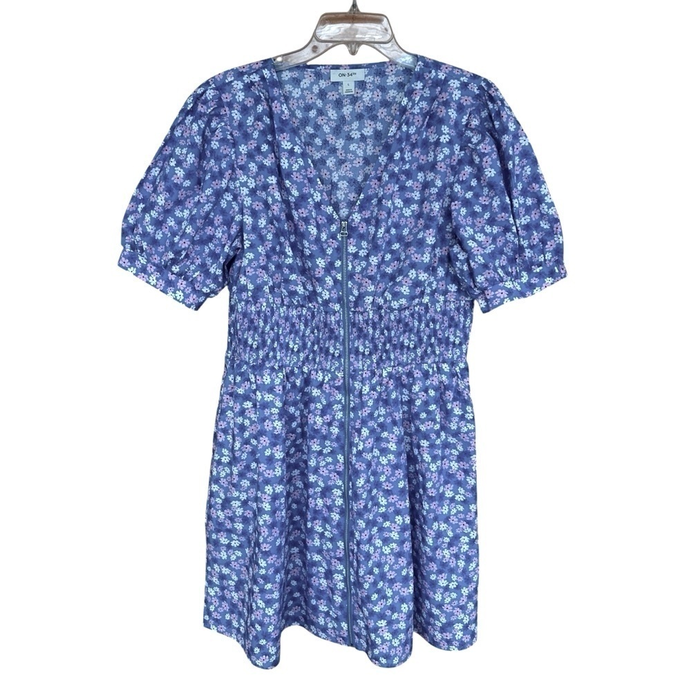 On 34th Women's Printed Cotton Zip-Front Puff-Sleeve Dress, Large - Picture 5 of 11
